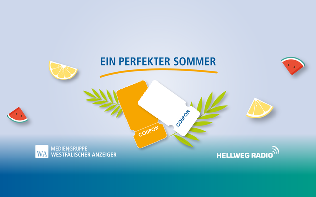 Grafik zur Aktion "Ein perfekter Sommer" mit zwei Coupon-Scheinen, Zitronen- und Wassermelonenscheiben auf hellblauem Hintergrund, dazu die Logos von Hellweg Radio und der Mediengruppe Westfälischer Anzeiger.